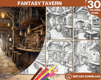Libro para colorear de tabernas de fantasía: 30 páginas de arquitectura medieval (descarga inmediata)