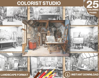 Artist Studio Coloring Book: 25 Grayscale Pages (Printable PDF)