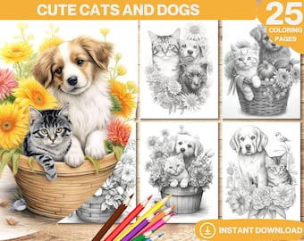 May include: A set of 25 coloring pages featuring cute cats and dogs in baskets of flowers. The images are in black and white and ready to be colored.