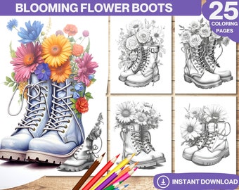 Libro da colorare "Blowing Flower Boots": 25 pagine in scala di grigi (PDF stampabile)