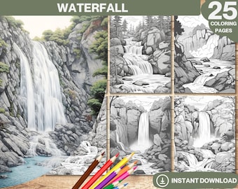 Waterfall Coloring Book: 25 Printable Grayscale Pages (PDF)