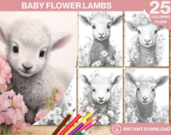Baby Lambs Coloring Book | Flower Animals, Grayscale (PDF Download)