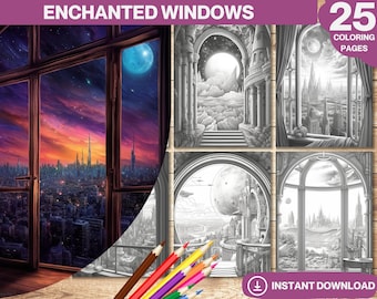 Libro para colorear de ventanas encantadas: Arte fantástico en escala de grises (PDF)