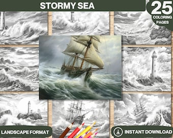 Stormy Sea Coloring Book: Lighthouse & Waves, 25 Pages (Printable PDF)