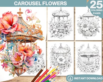 Carousel Flowers Coloring Book: 25 Grayscale Pages (Printable PDF)