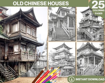 Old Chinese Houses Coloring Book: Grayscale Illustrations (Instant Download)