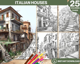 Italian Houses Coloring Book: Grayscale Architecture (PDF Download)