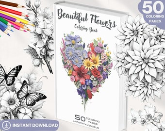 50 Flowers Coloring Book: Grayscale Floral Illustrations (Printable PDF)