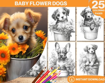 Baby Flower Dogs Coloring Book: Grayscale Illustrations (PDF Download)