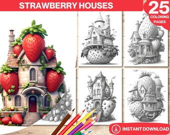 Strawberry Fairy Houses Coloring Book: Grayscale Digital Pages (Printable PDF)