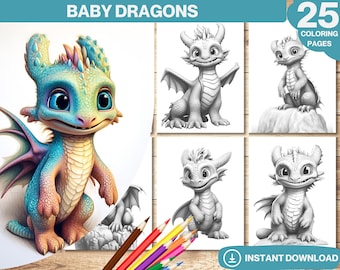 Baby Dragons Coloring Book | 25 Grayscale Pages (Printable PDF)