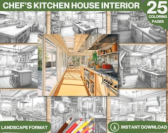 Chef's Kitchen Coloring Book: Interior Designs, Printable Pages (PDF)
