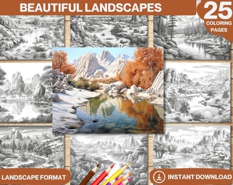 Landscapes Coloring Book: 25 Grayscale Pages for Adults & Kids (PDF)