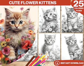 Kittens Coloring Book | Floral Designs, 25 Pages (PDF Download)