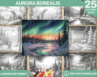 Aurora Borealis Coloring Book: Grayscale Winter Landscapes (PDF)
