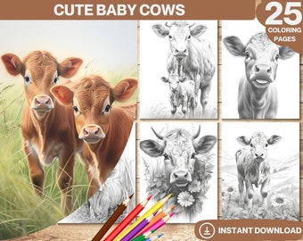 Baby Cows Coloring Book | Grayscale Farm Animal Art (PDF Download)