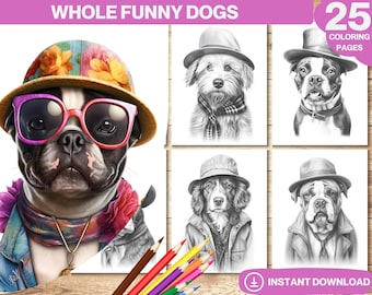 Funny Dogs Coloring Book: Grayscale Animals, Extravagant Attire (Printable PDF)