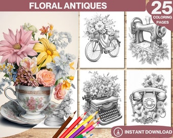 Floral Antiques Coloring Book: 25 Grayscale Pages (Printable PDF)