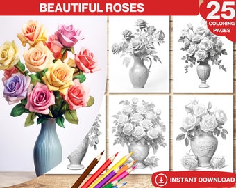 Libro para colorear de rosas: 25 páginas florales en escala de grises (PDF imprimible)
