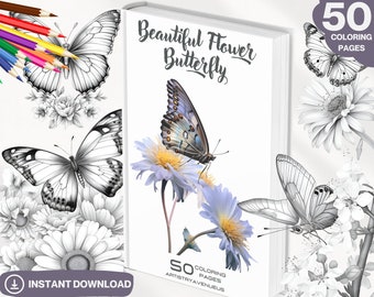 Flower Butterfly Coloring Book: 50 Grayscale Pages (Printable PDF)