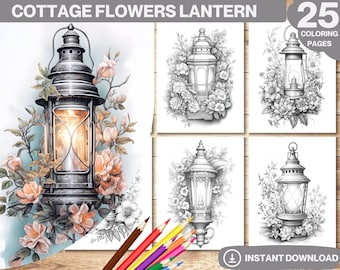 Cottage Flowers Lantern Coloring Book: 25 Grayscale Pages (Printable PDF)