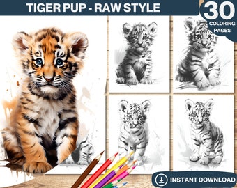 May include: A set of 30 coloring pages featuring a tiger cub in various poses. The pages are in black and white, with the tiger cub drawn in a realistic style. The pages are perfect for children who love to color and learn about animals.