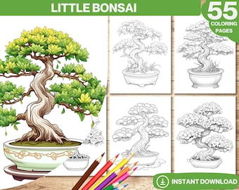 Bonsai Coloring Book: 55 Grayscale Botanical Pages (Printable PDF)