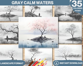 Calm Waters Grayscale Coloring Book: 35 Serene Designs (PDF)