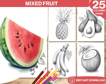 Mixed Fruit Coloring Book: Grayscale Printable Pages (PDF)