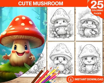 Mushroom Coloring Book | 25 Grayscale Pages (PDF