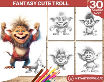 30 Fantasy Cute Troll Coloring Book, Printable Adult kids Coloring Page, Grayscale Colouring Books, Digital Instant Download, Printable PDF