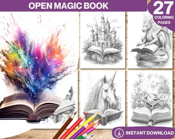 Magic Book Coloring Pages: Mystical Creatures Grayscale (Printable PDF)