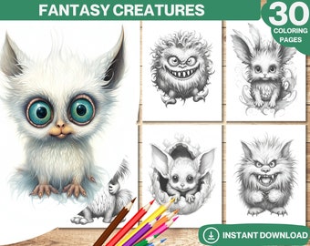 Fantasy Creatures Coloring Book | 30 Grayscale Pages (Printable PDF)