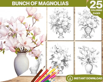 Libro para colorear de flores de magnolia: 25 páginas en escala de grises (archivo PDF)