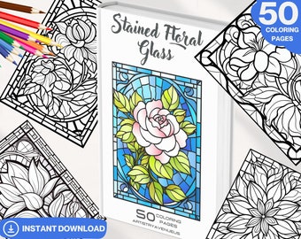 50 kleurplaten met bloemen en glas in lood: pdf in grijstinten (directe download)