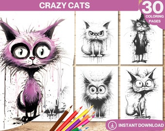 Crazy Cats Coloring Book: 30 Whimsical Grayscale Pages (Printable PDF)
