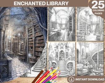 Libro para colorear en escala de grises de la Biblioteca Encantada: 25 páginas de fantasía (PDF imprimible)