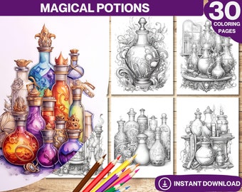 Libro da colorare di pozioni magiche: arte fantasy in scala di grigi (PDF stampabile)