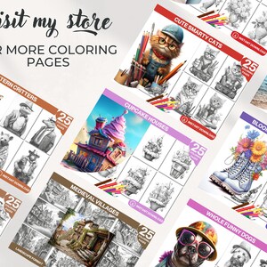 Pu&ograve; includere: Una collezione di 25 pagine da colorare con vari temi, tra cui creature occidentali, case a forma di cupcake, villaggi medievali, gatti intelligenti e carini, stivali con fiori in fiore e cani divertenti. Ogni pagina &egrave; etichettata con "Download immediato" e "25 pagine da colorare".