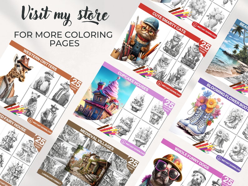 Pu&ograve; includere: Una collezione di 25 pagine da colorare con vari temi, tra cui creature occidentali, case a forma di cupcake, villaggi medievali, gatti intelligenti e carini, stivali con fiori in fiore e cani divertenti. Ogni pagina &egrave; etichettata con "Download immediato" e "25 pagine da colorare".