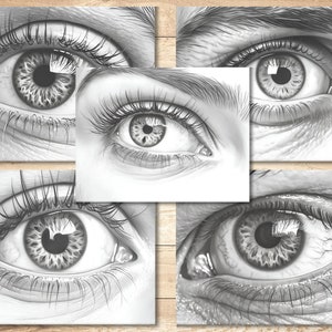 May include: A close-up of five detailed pencil drawings of human eyes. Each eye is drawn with intricate detail, including eyelashes, wrinkles, and the iris.