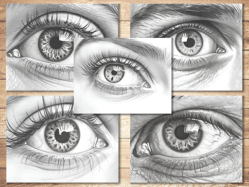 May include: A close-up of five detailed pencil drawings of human eyes. Each eye is drawn with intricate detail, including eyelashes, wrinkles, and the iris.