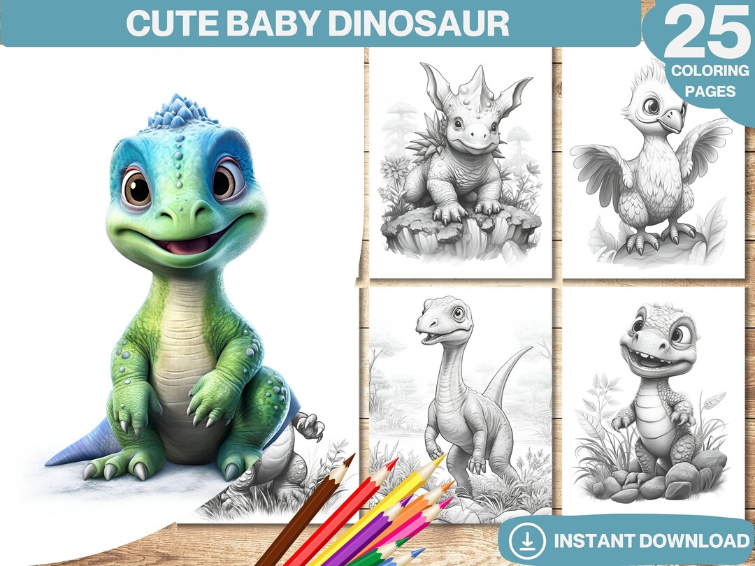 Cute Baby Dinosaur Coloring Book | Pages for Kids & Adults Grayscale ...