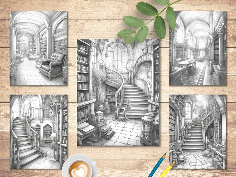Enchanted Library Grayscale Coloring Book: 25 Fantasy Pages (printable ...