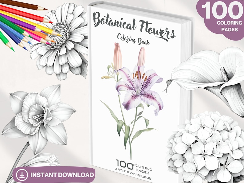 Op de afbeelding: Een kleurboekomslag met een zwart-witte illustratie van een lelie. De tekst op de omslag luidt "Botanical Flowers Coloring Book" en "100 Coloring Pages".