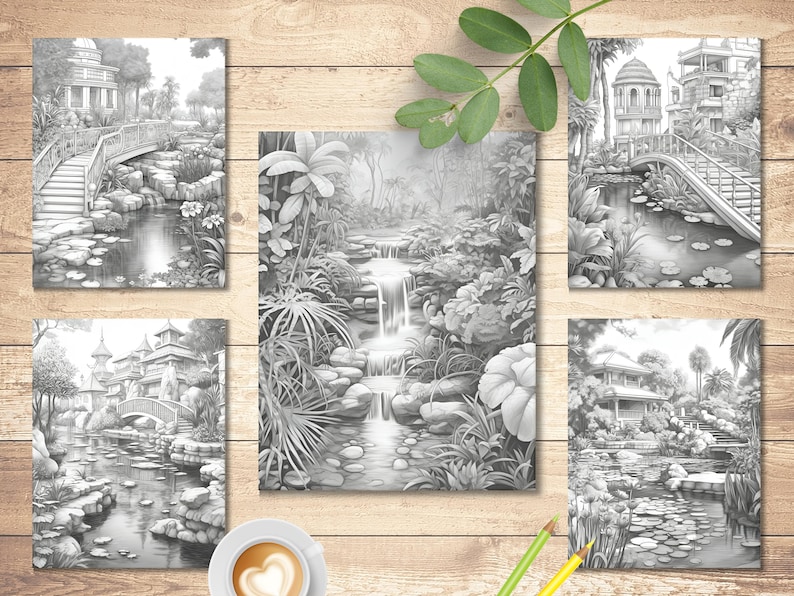 May include: Five black and white illustrations of different garden scenes. Each scene features a small building, a bridge, a pond, and lush foliage. The illustrations are perfect for coloring.