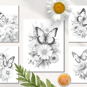 Pu&ograve; includere: Cinque stampe d'arte stampabili in bianco e nero con farfalle e fiori. Ogni stampa presenta un diverso arrangiamento di farfalle e fiori.