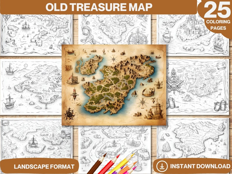 Pu&ograve; includere: Un set di 25 pagine da colorare stampabili con illustrazioni in bianco e nero di vecchie mappe del tesoro. Le mappe raffigurano isole, navi e altri elementi nautici. Il testo "OLD TREASURE MAP" e "25 COLORING PAGES" &egrave; visibile nella parte superiore dell'immagine. Il testo "LANDSCAPE FORMAT" &egrave; visibile nella parte inferiore sinistra dell'immagine. Il testo "INSTANT DOWNLOAD" &egrave; visibile nella parte inferiore destra dell'immagine.