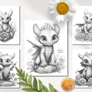 Puede incluir: Cinco ilustraciones en blanco y negro de adorables dragones beb&eacute;s con alas, sentados en un campo de flores. Cada drag&oacute;n tiene una pose y una expresi&oacute;n diferentes.