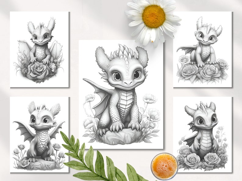 Puede incluir: Cinco ilustraciones en blanco y negro de adorables dragones beb&eacute;s con alas, sentados en un campo de flores. Cada drag&oacute;n tiene una pose y una expresi&oacute;n diferentes.